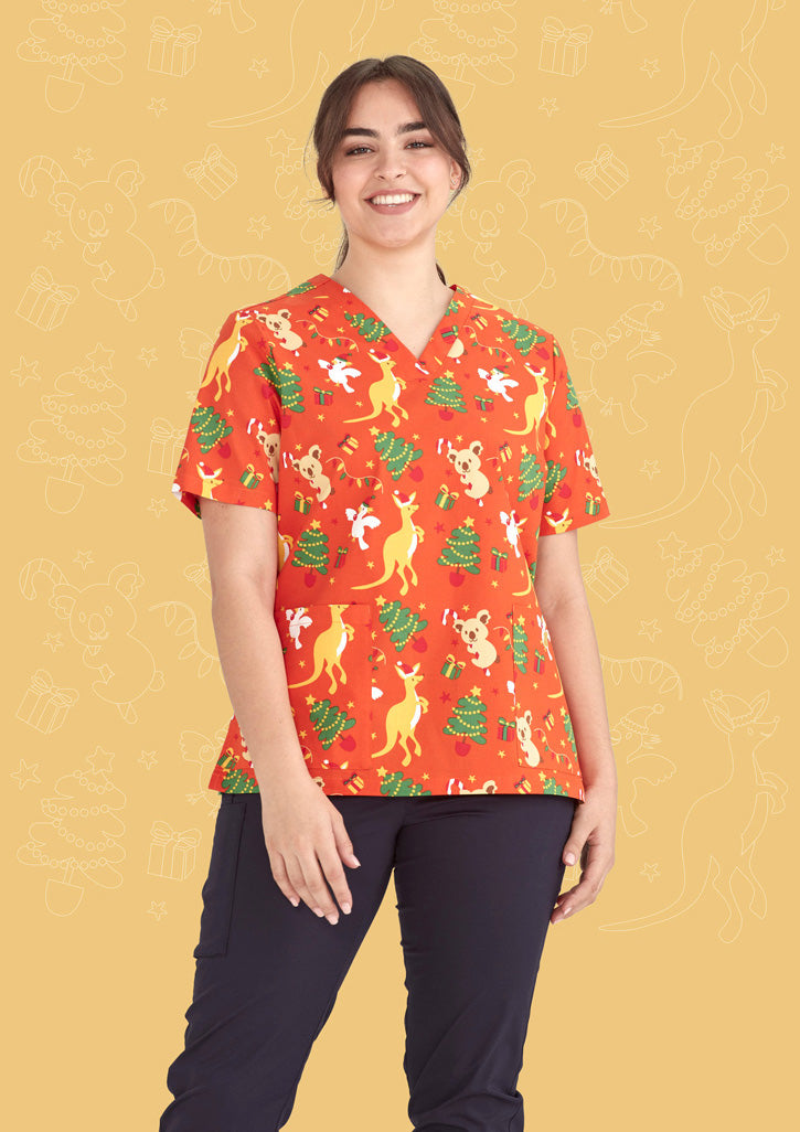 BIZ CARE Womens Christmas V-Neck Short Sleeve Scrub Top CST346LS